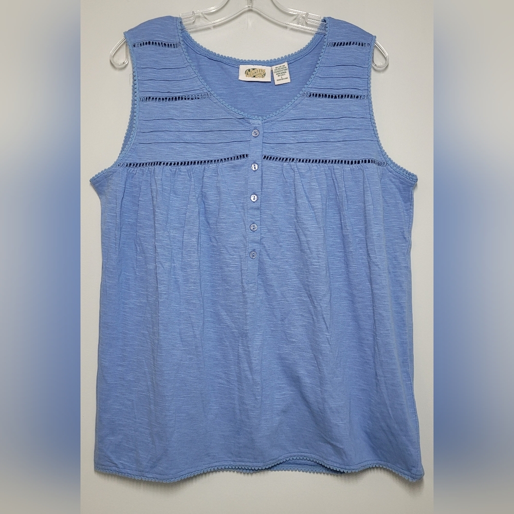 Collections Blue Buttoned Pleated Tank Top with Mandarin Collar